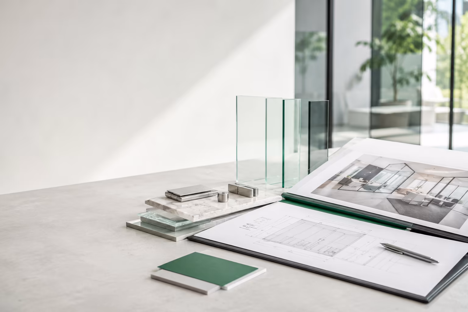 Konzept & Angebot_1536x1024 Tisch mit Glasproben und Architekturzeichnungen