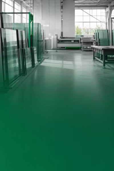 Modernes Lager & Maschinen_400x600 Lagerhalle mit Glasplatten und Maschinen